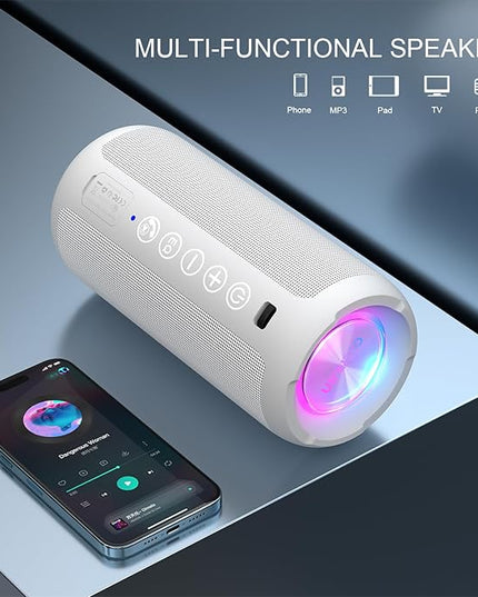 Ortizan Portable Bluetooth Speaker: IPX7 Waterproof, 24W Loud Sound, Deep Bass, Bluetooth 5.3, LED Lights, Wireless Stereo Pairing, 30H Playtime, for Home/Outdoor/Party/Beach, Birthday Gift (White)