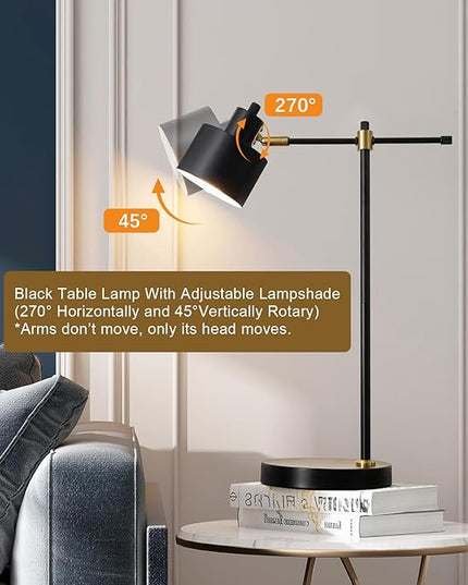 OYEARS Modern Industrial Desk Lamp for Reading LED 22.2“ Metal Table Lamp Light for Office Bedroom Study Room Living Room Nightstand Bedside Lamps Gold and Matte Black Accent (Black, Bulb Included)