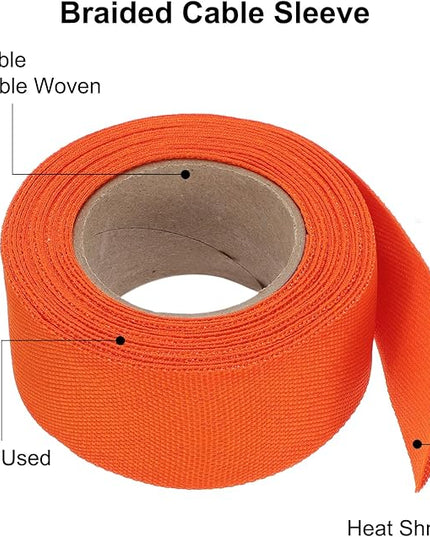 MECCANIXITY Braided Cable Sleeves Heat Shrinkable Fabric Sleeving, 1 1/4" 16ft Orange 2:1 Ratio Heat Shrinkable Cord Protector for Harness Cable, Network Cable Protection, Cable Management