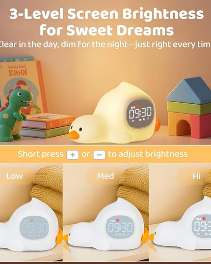 Laying Duck Alarm Clock with Night Light for Kids with Sleep Training and Sound Machine, Rechargeable Silicone Lamp OK to Wake Clock，Cute Animal Tabletop Lamp, Perfect Sleep Companion for Boys Girls