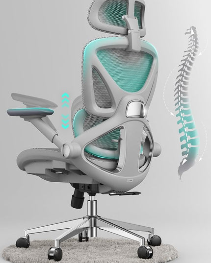 CAPOT Ergonomic Mesh Office Chair, Adjustable Lumbar High Back Desk Chair 400lbs, 4D Flip-up Arms, 3 Tilt Backrest, 3D Headrest, PU Wheels, Swivel Rolling Computer Seating for Long Desk Work - Grey