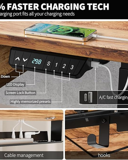 Kingant Standing Desk with Drawers & USB Charging Port, 63" x 30" Height Adjustable Home Office & Gaming Desk, Sit Stand Desk with Built-in Storage Shelf, Hook & Ergonomic Design(Light Rustic)