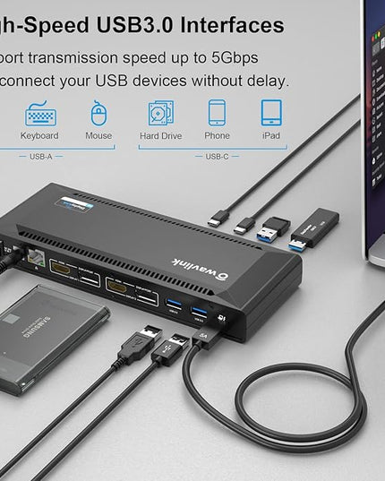 WAVLINK DisplayLink Laptop Docking Station - Dual Monitors 5K/4K@60Hz, 100W Charging - Thunderbolt 4/3, USB-C/A - M1 M2 Mac, Windows, Chrome, Ubuntu - 2HDMI, 2DP, 6 USB Ports, 130W Power, LAN, Audio