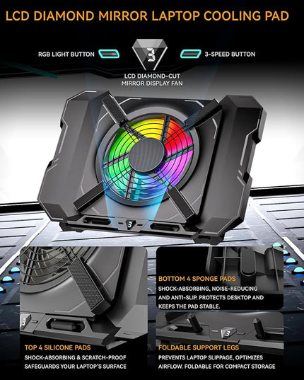 GSCOLER Laptop Cooling Pad, Gaming Laptop Cooler with 7.1 Inch Powerful Fan, RGB Lights & 3-Speed Fan Control & LCD Diamond Design, Height Adjustable Quiet Laptop Cooling Stand for 12"-21" Laptops etc