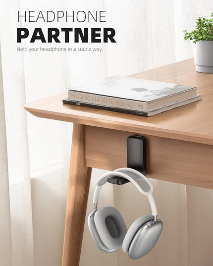Lamicall Headphone Stand, Sticky Headset Hanger - 2 Pack Adhesive Headphone Holder Hook Mount, Headset Holder Clip Under Desk, Earphone Clamp for Airpods Max, HyperX, Sennheiser, Black