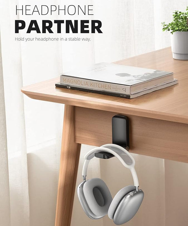 Lamicall Headphone Stand, Sticky Headset Hanger - 2 Pack Adhesive Headphone Holder Hook Mount, Headset Holder Clip Under Desk, Earphone Clamp for Airpods Max, HyperX, Sennheiser, Black