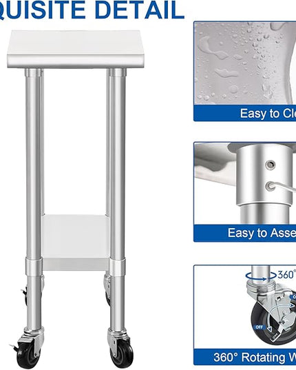 HARDURA Stainless Steel Commercial Table Prep & Work Table with Casters Heavy Duty Metal Table with Wheels NSF 430 24×12 Inches