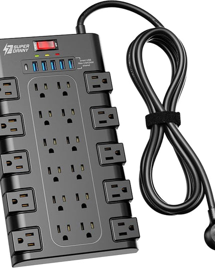 Power Strip, SUPERDANNY Surge Protector with 22 AC Outlets and 6 USB Charging Ports, 1875W/15A, 2100 Joules, 6.5Ft Flat Plug Heavy Duty Extension Cord for Home, Office, Dorm, Gaming Room, Black