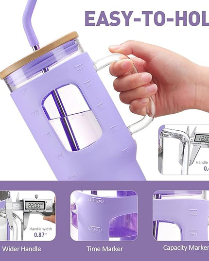 Glass Tumbler with Straw and Lid, 40 oz glass cup with handle, Glass Water Bottles with Time Marker, Silicone Protective Sleeve-Purple