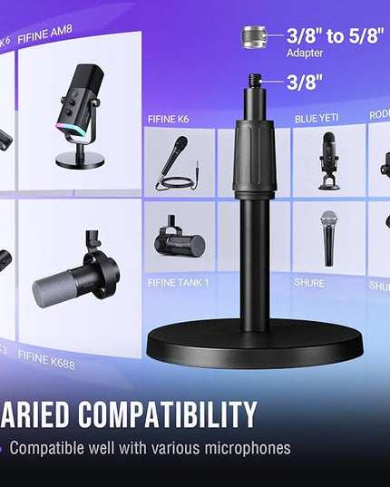 FIFINE Desktop Microphone Stand, Heavy-Duty Metal Adjustable Table Mic Stand with 5/8" Male to 3/8" Female Screw Adapter, 4 Non-Slip Pads Compatible with Microphones for Recording, Streaming-BS1