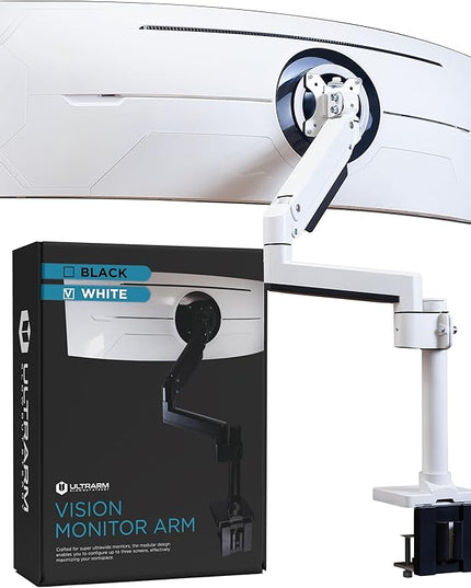 Heavy Duty Monitor Arm for Ultrawide Monitors up to 57" and 44 lbs, Single Desk Stand, Pneumatic Height Adjustable, Modular Extension Arms - Max VESA 100x100, White, MA20PW-S
