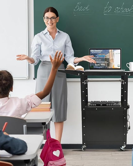 Upgraded AV Cart, Adjustable-Height Steel AV Cart with Locking Cabinet and Pullout Keyboard Tray, Rolling Media Cart with Wheels & Power for Computer Laptop Projector Printer (Black/43"x18"x43")