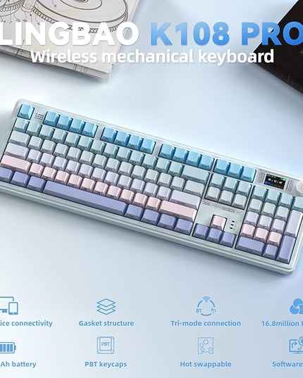 LINGBAO K108 Pro Wireless Mechanical Keyboard with Screen & Knob, Full Size Creamy Keyboard with Number Pad, 10000mAh Battery, PBT Keycaps, RGB Backlit, Hot-swappable Gaming Keyboards