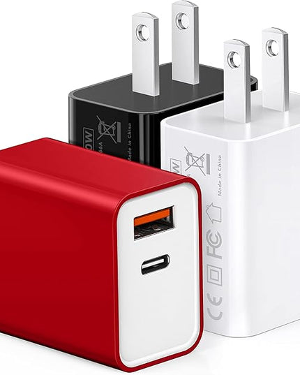 3 Pack 20W PD USB Charger, Dual-Port USB-C Wall Charger Plug in Block Station Type c Box Supper Fast Charging Brick for iPhone, Samsung Galaxy, Google Pixel, Motorola, Oneplus Kindle Cargador Cube