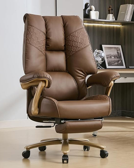 Big and Tall Executive Office Chair with Footrest, 400LBS Capacity Ergonomic High-Back Desk Office Chair with Lumbar Support, Padded Armrests & Thick Cushion, Brown PU Leather Chairs