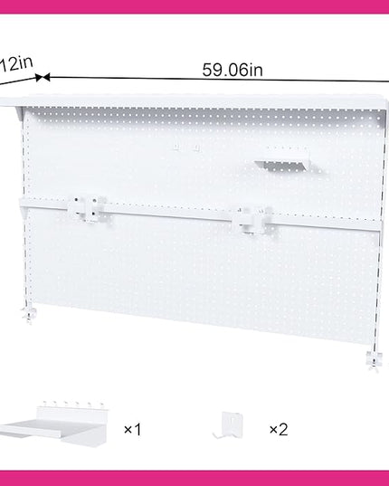 KEIKI Metal Pegboard Desk Organizer with Dual Monitor Stand, 59" x 35" Large Desk Peg Board with Hooks & Movable Panel, Office Organization and Storage Shelf for Gaming or Workstation Setup, White