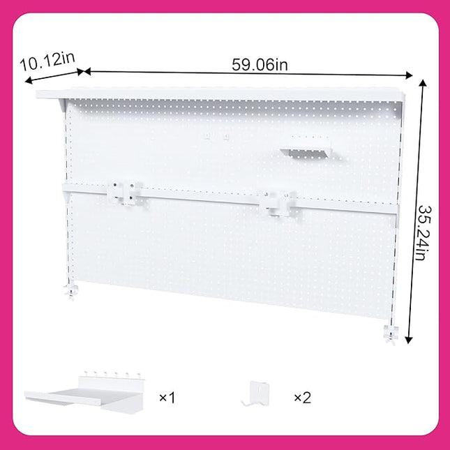 KEIKI Metal Pegboard Desk Organizer with Dual Monitor Stand, 59" x 35" Large Desk Peg Board with Hooks & Movable Panel, Office Organization and Storage Shelf for Gaming or Workstation Setup, White