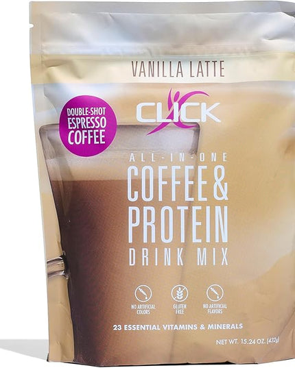 Click Coffee Protein Powder | Double Shot Espresso | 16g Protein | 23 Essential Vitamins | Low Calorie Meal Replacement | 150mg Caffeine | Gluten Free | No Artificial Flavors or Colors | Vanilla