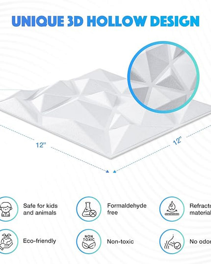 Acoustic 3D Wall Panels, 12 Pack Square Sound Proof Panels for Interior Wall Décor, Hollow Sound Absorbing Panel for Studio, Living Room, Home, Hotel, 12''x12'' Cover 12 sq ft, Thin style, White