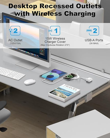 3 Inch Desk Hole Recessed Power Grommet with 15W Wireless Charger Cover, 2 USB-A Countertop Grommet Mount Power Outlet, with AC Outlets and 6ft Extension Cord