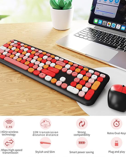 Wireless Keyboard and Mouse Combo, Colorful Ergonomic Full Size Retro Low-Noise Keyboard with Cute keycaps, Compatible with Windows, PC, Perfer for Home and Office Keyboards (Black)