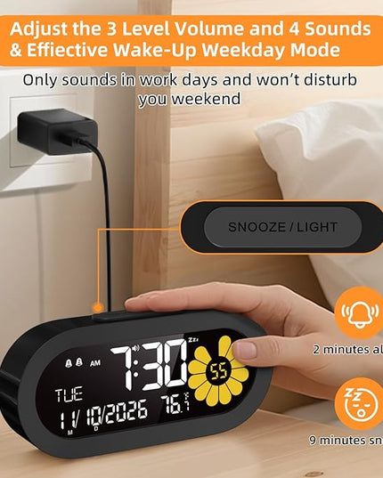 DOOMAY Digital Alarm Clock for Bedroom: Dual Alarm Bedside Clock VA LCD Display with Seconds, 9-Minute Snooze and Weekend Mode, 3 Brightness, 4 Alarms and 3 Volume Levels，Type C & Battery Included