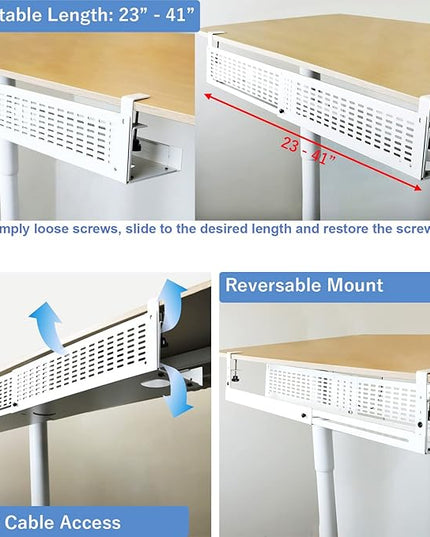 AEONS Under Desk Cable Management Tray Kit - Horizontal Adjustable up tp 41” Desk Organizer Removable C Clamp Mount Reversiable Computer Cord Raceway and Modesty Panel for Large Table, White/Beige