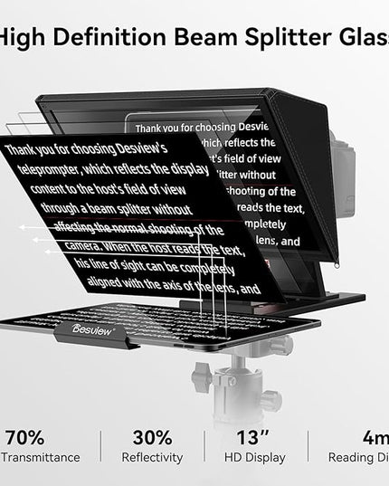 Desview P13 Portable Teleprompter for Camera Compatible with 12.9" Tablets Wireless Remote Control Foldable Sun Hood Lightweight (1.7kg) for Video Recording Vlogging Live Streaming