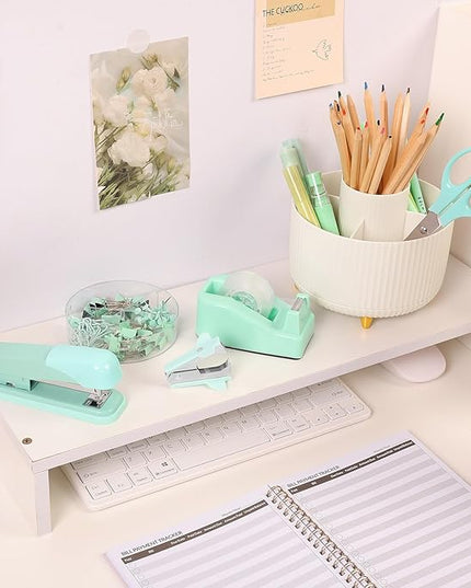 SKYDUE Teal Office Supplies Set, Office Desk Accessories 10Pcs, Pencil Holder for Desk, Stapler, Tape Dispenser, Scissors, Clips and 1000pcs Staples, School Supplies for Teacher