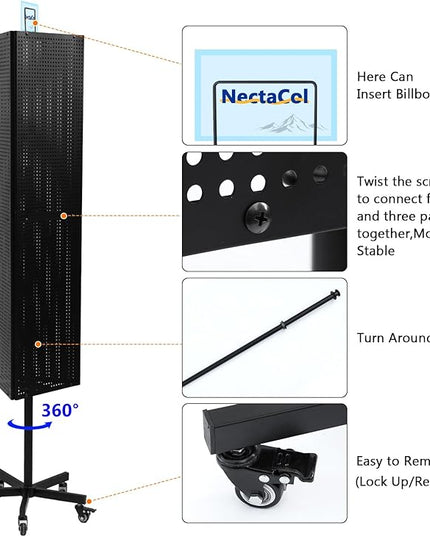 Triangular Metal Pegboard Panels Display with Base and Pole, Black Pegboard Display Stand with Wheels, Jewelry Display Rack, Art Display Stand, Extra 20 pieces Hooks