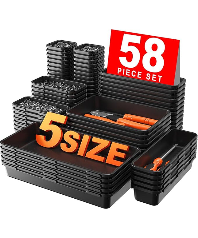 A-LUGEI【𝟱𝟴𝗣𝗰𝘀】【5 Size】 Tool Box Organizer Tray Divider Set, 【Black】 Desk Drawer Organizer, Garage Organization and Storage Toolbox Accessories Rolling Tool Chest Cart Cabinet WorkBench Small Part