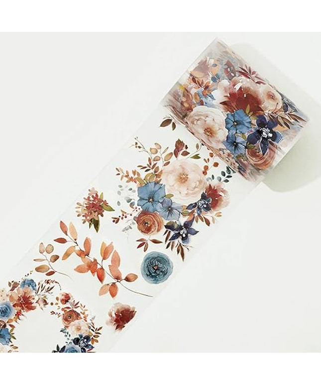 WT Dusty Blue & Cinnamon Wide PET Tape, Single Roll, Original Designs, Floral Decorative Tape, Transparent Craft Tape for Bujo Planner & DIY Supplies, Watercolor Flowers