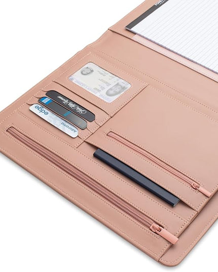 FOREVERMORE PORTFOLIOS Padfolio Binder Organizer for Women | Faux Leather Portfolio Folder for Resume, Documents, Notebook, Tablet and Business Cards | Notepad Included - Pink