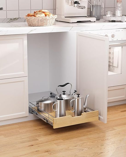 Sikarou Pull Out Cabinet Organizer,Heavy-Duty Slide Out Shelf, Wood And Wire Basket, Pull Out Drawer for for Kitchen Under Sink Space, Pantry, Bathroom (11 * 21 WM)