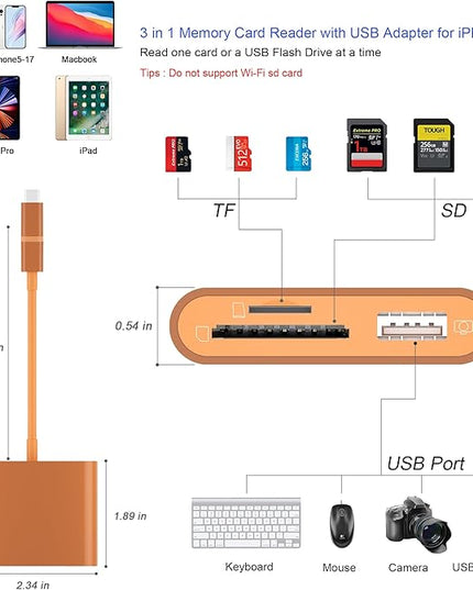 SD Card Reader for iPhone, Memory Card Reader with USB-C to Light-ning Adapter Plug and Play Trail Game Camera Micro SD Card Viewer Support SD/TF Card and USB for iPad No App Required (Terracotta)