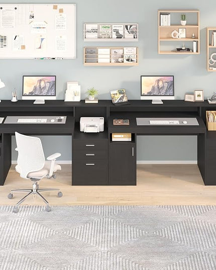 Computer Desk with 3 Drawer & Storage Shelves, Home Office Desk with File Drawer & Cabinet, Writing Study Table with Long Monitor Stand & Printer Shelf, Executive Desk, Black