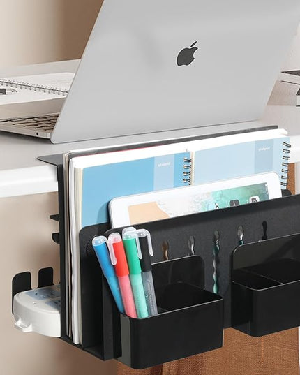 MAXECHO Desk Side Storage, Under Desk Laptop Mount, Table Side Hanging File Organizer, No Drill Clamp On Cable Management Tray, Laptop Holder with Magnetic Pen Holder for Office and Home, Load 22 Lbs