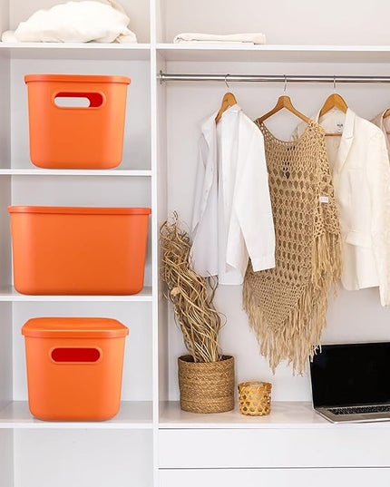 Hoolerry 8 Pieces Colorful Storage Bins with Lid, Plastic Storage Basket Organizing Container Stackable Box with Handle for Shelves Desktop Playroom Office(10.2 x 7 x 6.3 Inch,Orange)