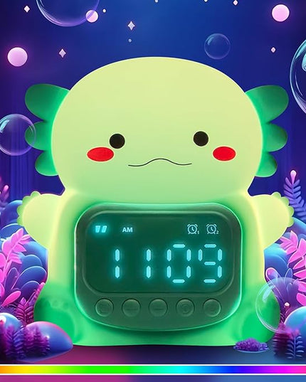Axolotl Alarm Clock with Night Light for Kids, Rechargeable Silicone Lamp Time to Wake Clock Cute Animal Tabletop Lamp, Perfect Sleep Companion for Boys Girls, Green