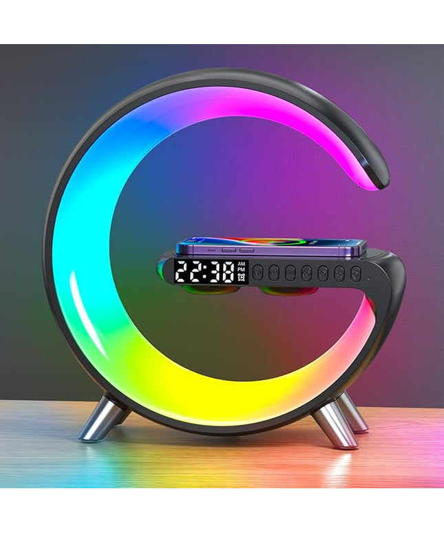 Smart Table Lamp with 4-in-1 Wireless Charger, Night Light, Bluetooth Speaker, Alarm Clock, App Control, Office, Bedroom, Home Decor (Black)