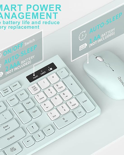 Silent Keyboard and Mouse Combo Wireless,ful-Sized Wireless Keyboard and Adjustable DPI Mouse, 2.4GHz USB Receiver, Keyboard and Mouse for PC, Windows, MAC, Desktop, Laptop (Mint Green-B)