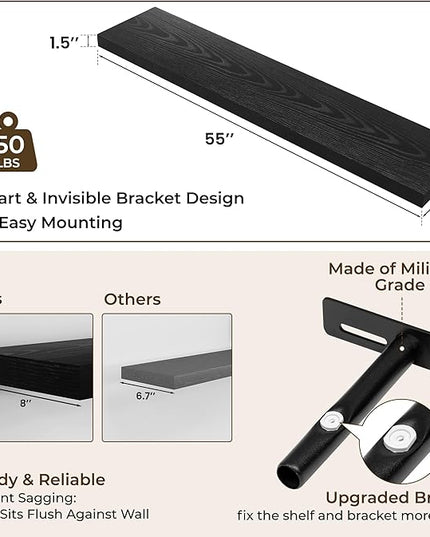 RICHFOCUS 55Inch Floating Shelves for Wall 1 Pack Shelves for Bedroom|Kitchen|Bathroom Wall Mounted Rustic Wood Floating Shelf with Invisible Brackets for Books|Storage|Decor, Black