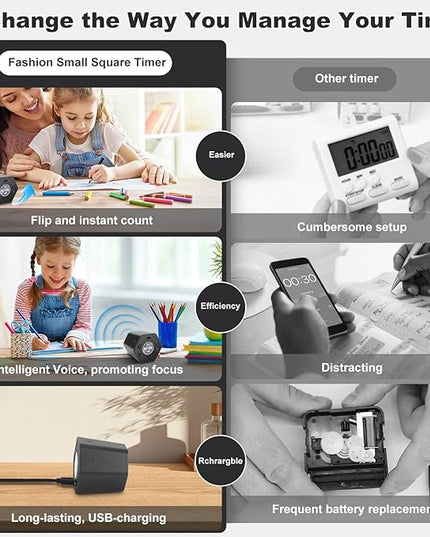 Pomodoro Productivity Timer Cube, Flip Clock, Pause & Resume, Magnetic Adjustable Sound Alert, for Working Studying Office Task, 3/5/10/15/30min & Custom Countdown (Gray)