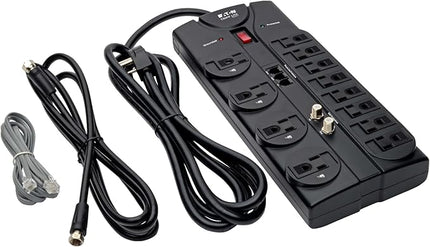 Eaton Tripp Lite TLP1208TELTV Home Theater Surge Protector Power Strip, 12 Outlets, Flat Plug 8ft Extension Cord, 2160 Joules| Coax and RJ11 Ports for Phone Land Line, TV, and WiFi Router Protection