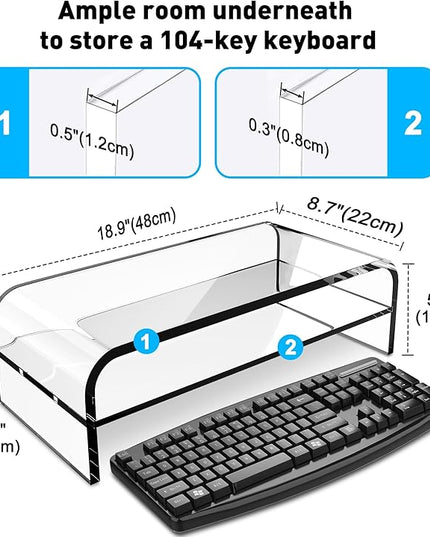 AboveTEK 2-Tier Acrylic Monitor Stand, Computer Riser for Home Office, Clear Monitor Riser for Keyboard Storage, 18.9" x 8.7" Multi Monitor Desk Stand for iMac Multi-Media Laptop Printer TV