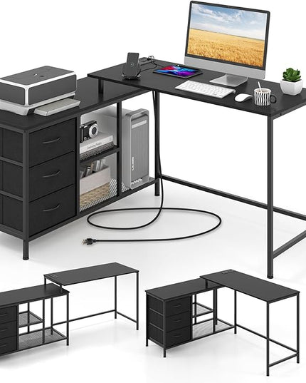 Tangkula 81 Inch L-Shaped Desk with Power Outlet, Convertible Corner Desk with Drawers & Shelves, Office Desk for Working, Studying, Gaming (Black)