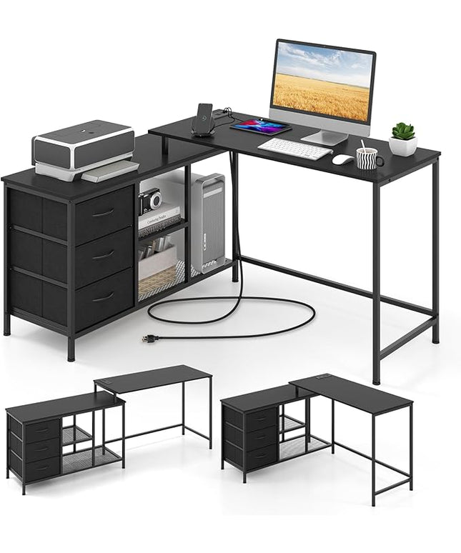 Tangkula 81 Inch L-Shaped Desk with Power Outlet, Convertible Corner Desk with Drawers & Shelves, Office Desk for Working, Studying, Gaming (Black)