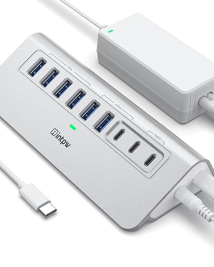 Powered USB Hub 10Gbps, intpw 9-Port USB 3.2 Hub, USB C Hub with USB A/USB C 3.2, 4 USB 3.0, 2 PD 45W Charging Ports, 65W Power Adapter and 3.3FT Cable, Aluminum USB Hub for Laptop, iPhone 17/16/15，PC