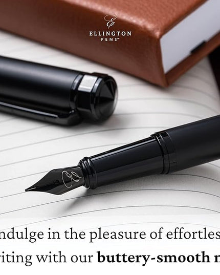 Ellington Pens Luxury Fountain Pen Set - Fountain Pens for Writing - Smooth Nib - 24 Ink Cartridges Special Bundle - Includes Refillable Ink Converter, Calligraphy, Journaling, Sketching (The Stealth)