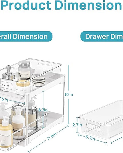 Vtopmart 2 Pack Bathroom Organizer, 2 Tier White Under Sink Organizers Vanity Countertop Storage Container,Cabinet Drawers Bins, Pull-Out Organization with Track for Pantry, Kitchen